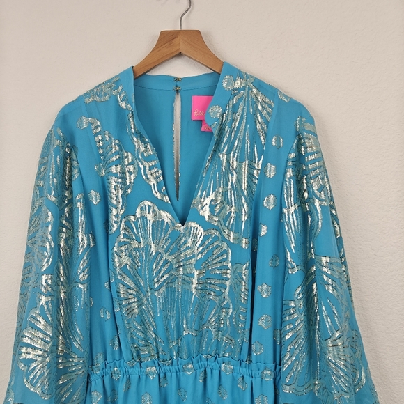 Lilly Pulitzer Nwot Joella Silk Mini Long Sleeve Metallic A Line Bermuda Blue 14 - Picture 7 of 16